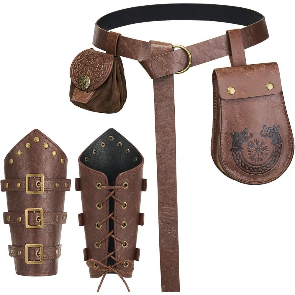 Viking Medieval Renaissance Costume Set Brown Faux Leather Belt Pouches Bracers